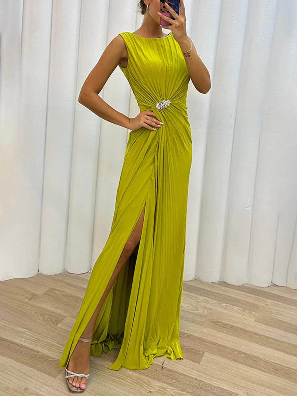 Marisol – Dames Bruiloft Gast Geplooide Maxi Jurk Avond