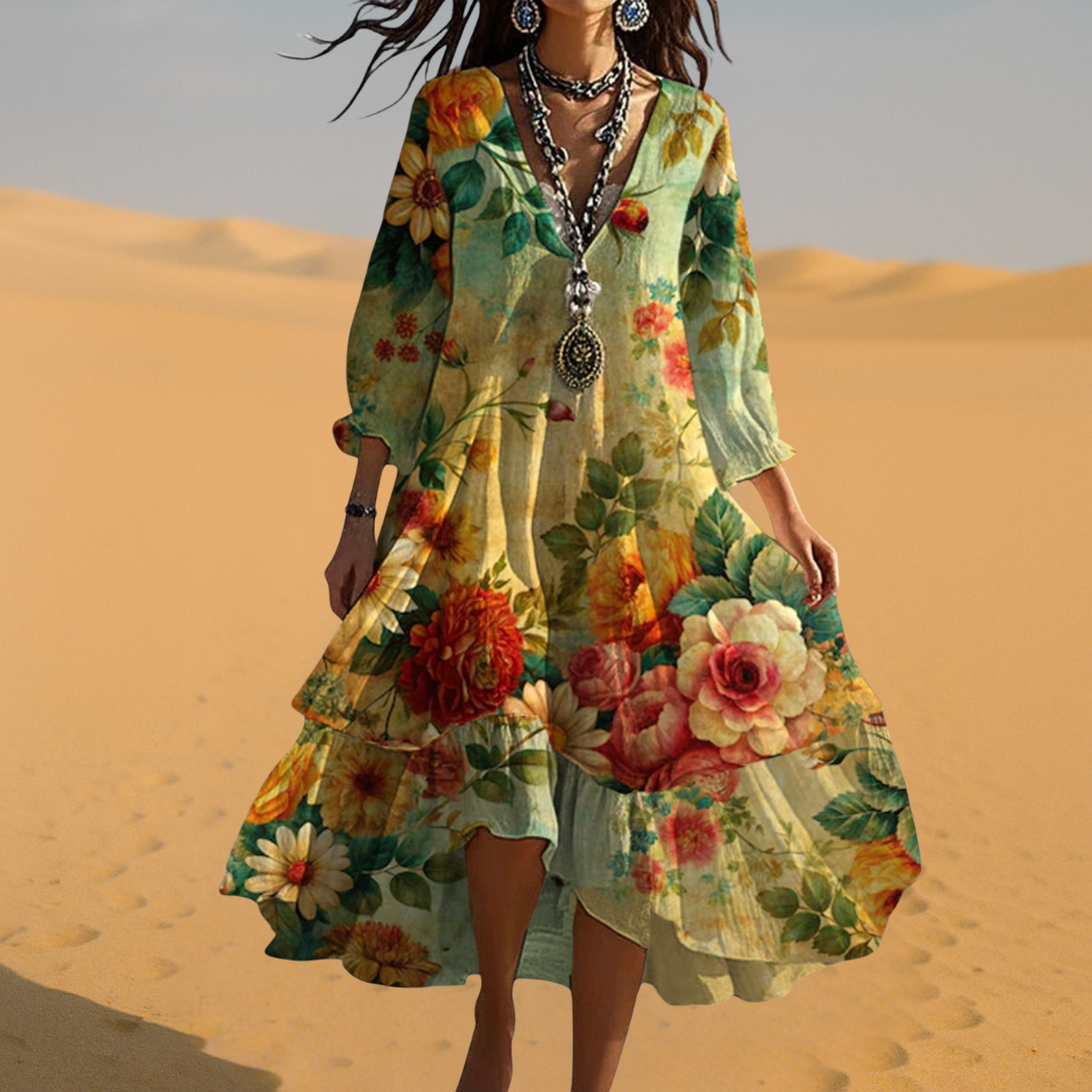 Mirabella - Dames Boho Jurk Bloemen V-Hals 3/4 Mouw