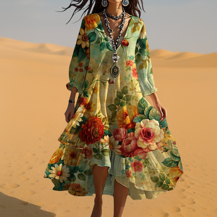 Mirabella - Dames Boho Jurk Bloemen V-Hals 3/4 Mouw