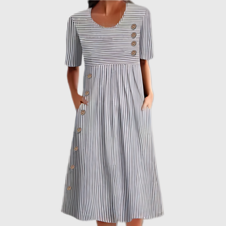 Ramona – Gestreepte Midi Jurk met Knopen