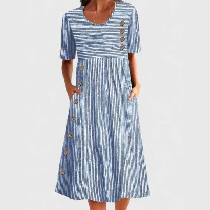 Ramona – Gestreepte Midi Jurk met Knopen