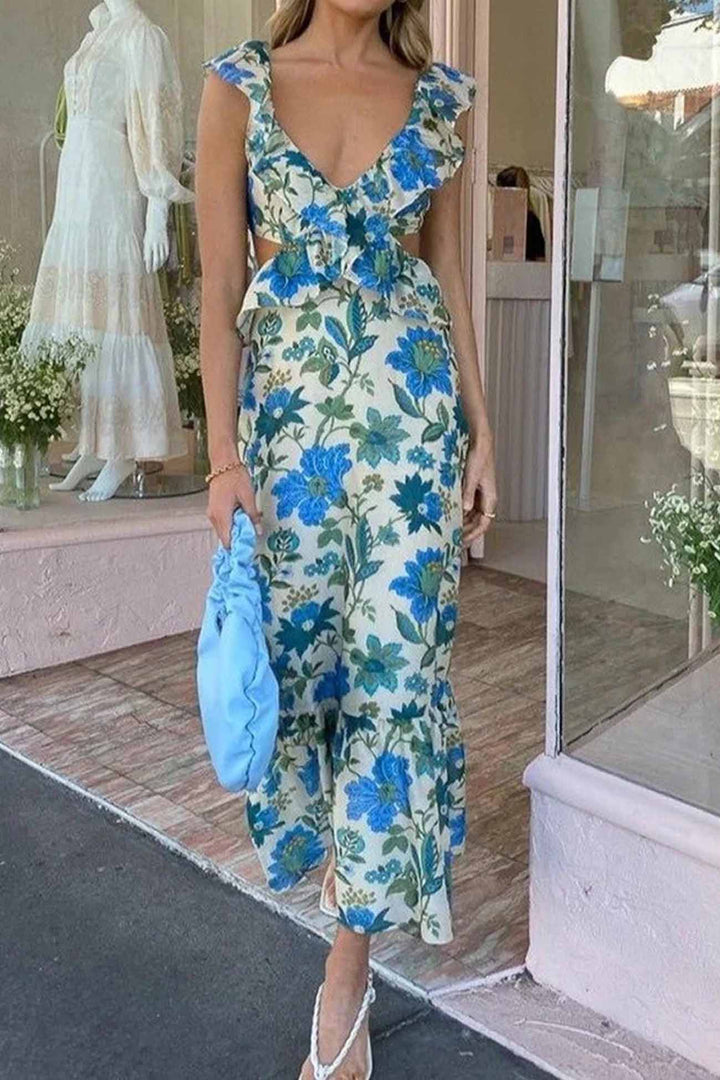 Sophia – Dames Bloemen Elegante Ruffle Maxi Jurk