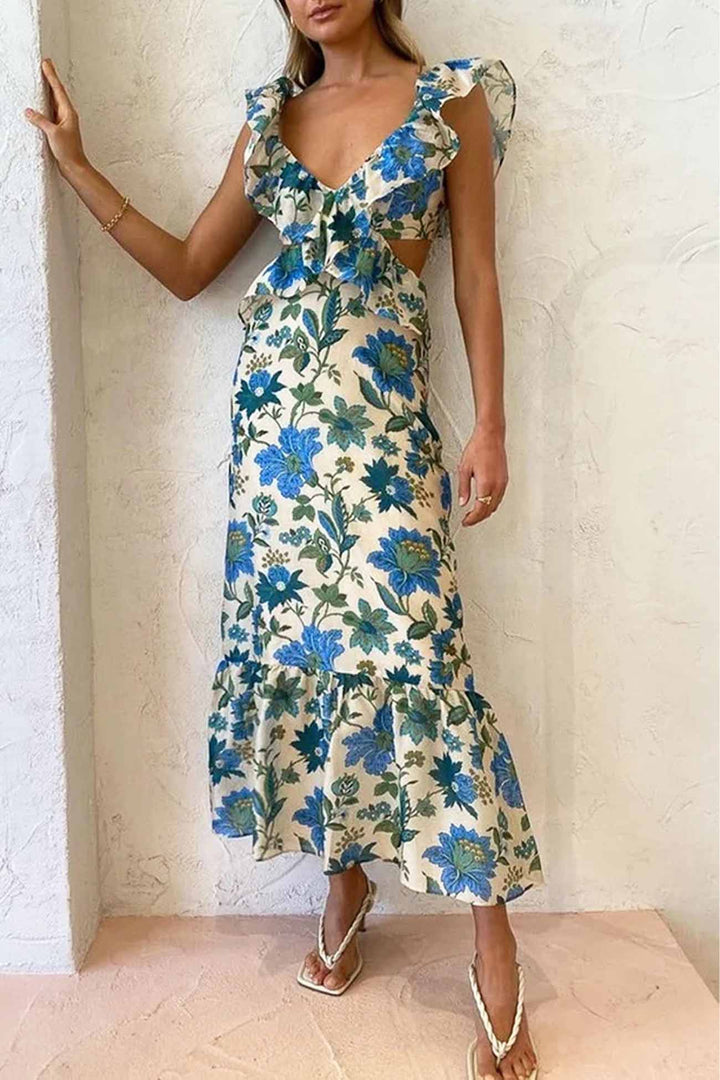 Sophia – Dames Bloemen Elegante Ruffle Maxi Jurk