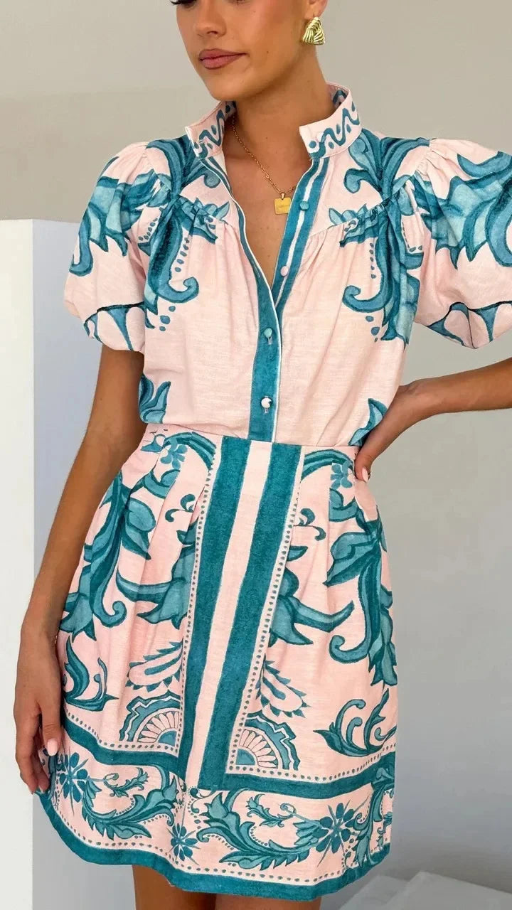 Loukia - Dames Bloemenprint Pofmouw Mini Shirt Jurk