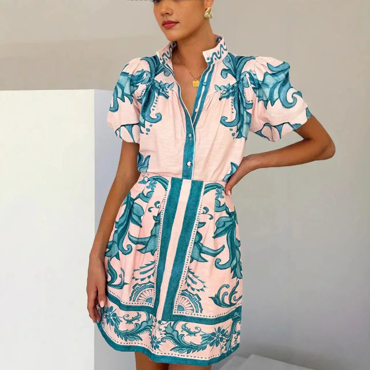 Loukia - Dames Bloemenprint Pofmouw Mini Shirt Jurk