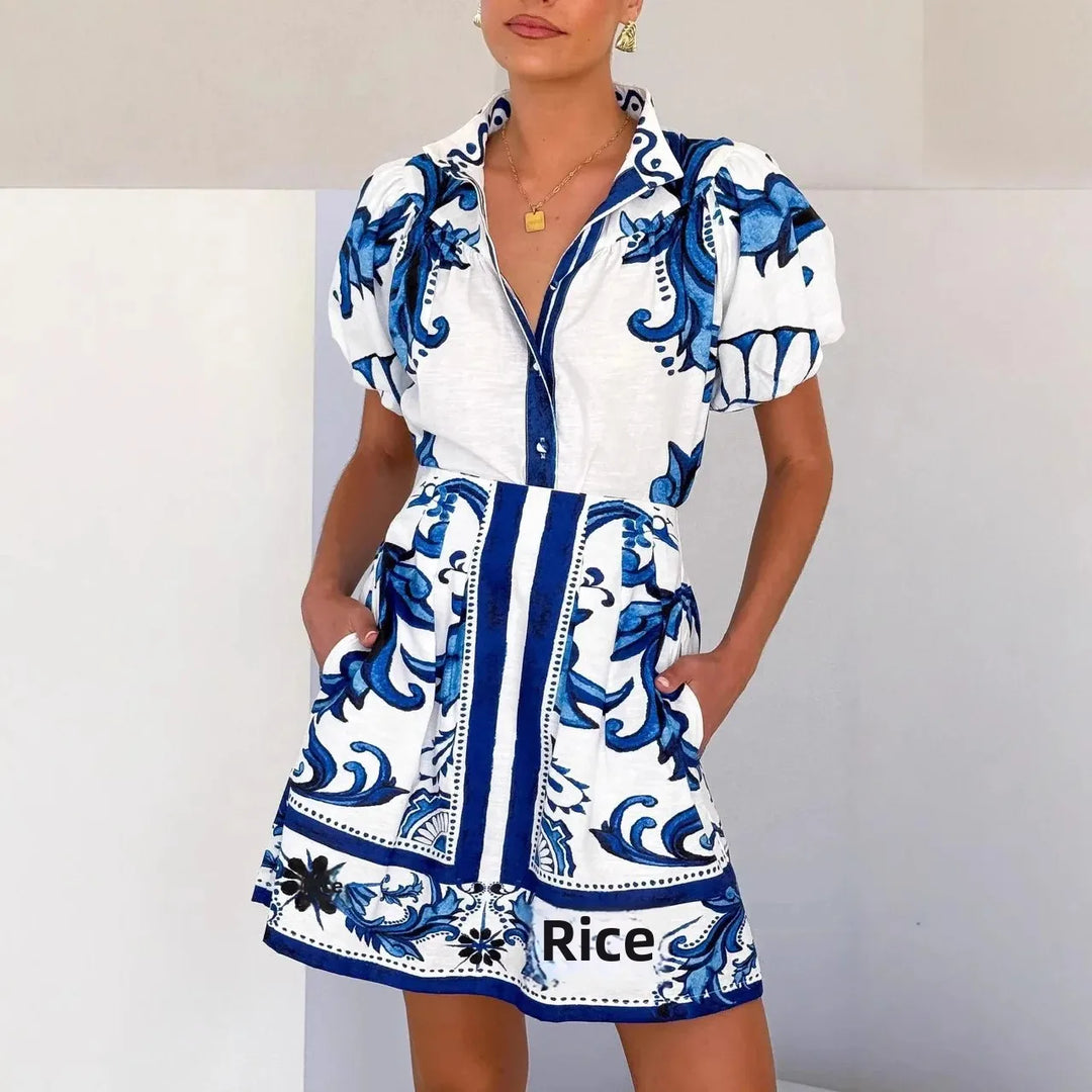 Loukia - Dames Bloemenprint Pofmouw Mini Shirt Jurk