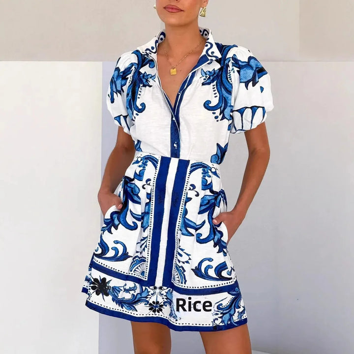 Loukia - Dames Bloemenprint Pofmouw Mini Shirt Jurk