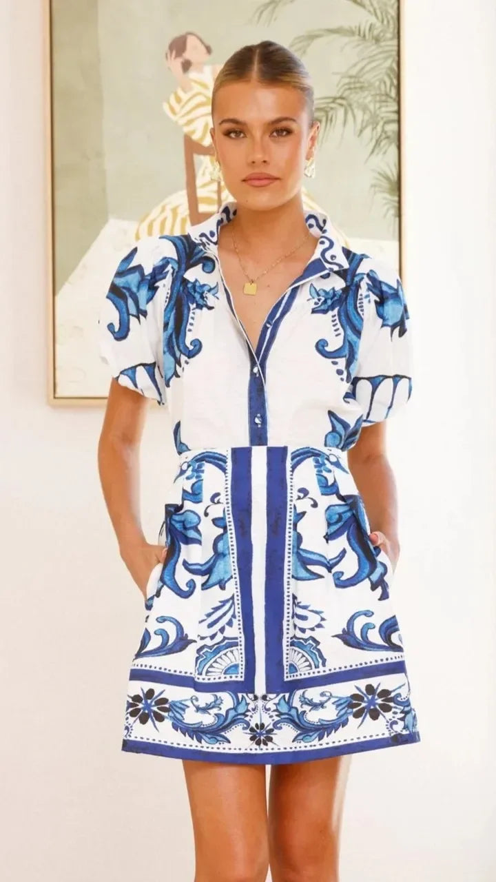 Loukia - Dames Bloemenprint Pofmouw Mini Shirt Jurk
