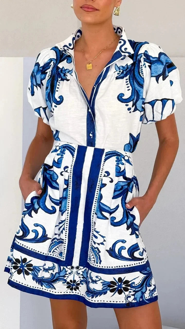 Loukia - Dames Bloemenprint Pofmouw Mini Shirt Jurk