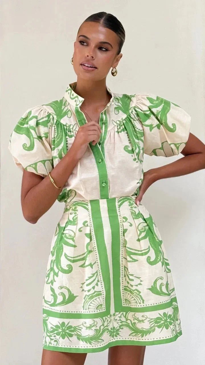 Loukia - Dames Bloemenprint Pofmouw Mini Shirt Jurk