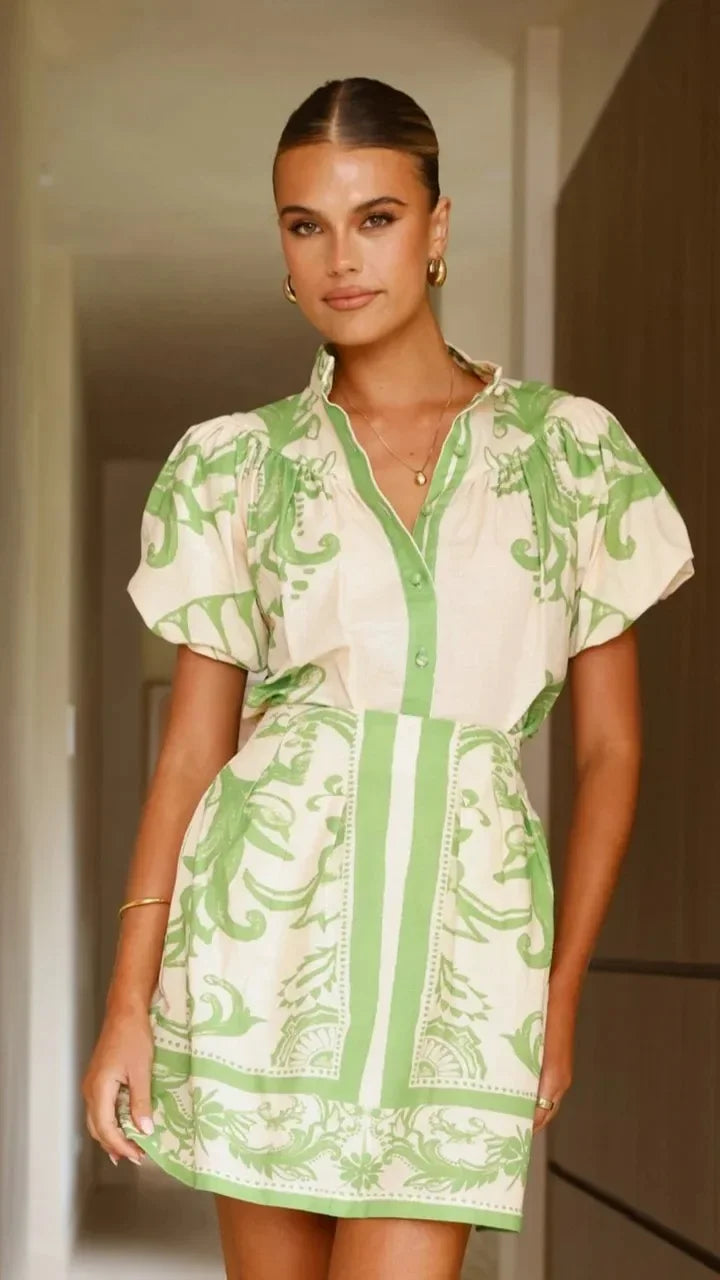 Loukia - Dames Bloemenprint Pofmouw Mini Shirt Jurk