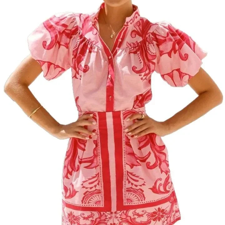 Loukia - Dames Bloemenprint Pofmouw Mini Shirt Jurk