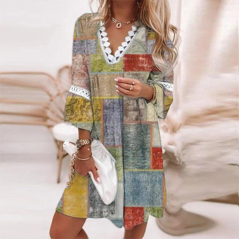 Lydia - Boho Losvallende Mini Jurk met Print