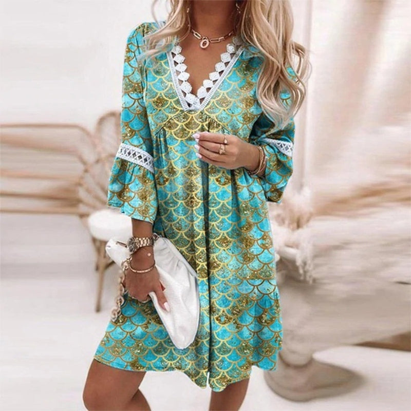 Lydia - Boho Losvallende Mini Jurk met Print