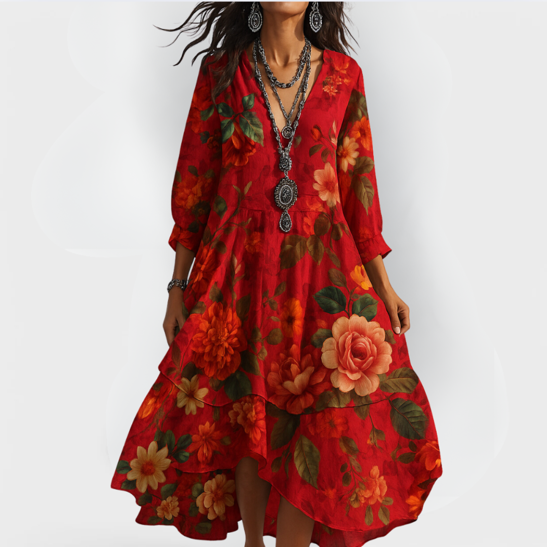 Mirabella - Dames Boho Jurk Bloemen V-Hals 3/4 Mouw