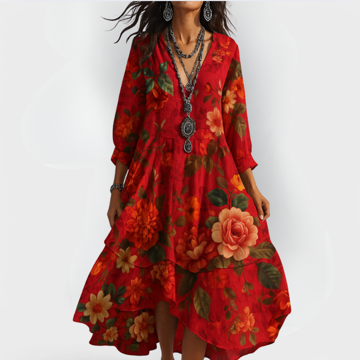 Mirabella - Dames Boho Jurk Bloemen V-Hals 3/4 Mouw