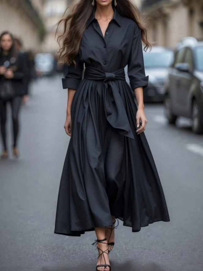 Anastacia - Elegante Maxi Jurk met Lange Mouwen en Strikceintuur