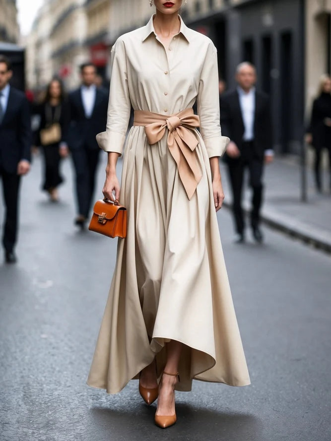 Anastacia - Elegante Maxi Jurk met Lange Mouwen en Strikceintuur