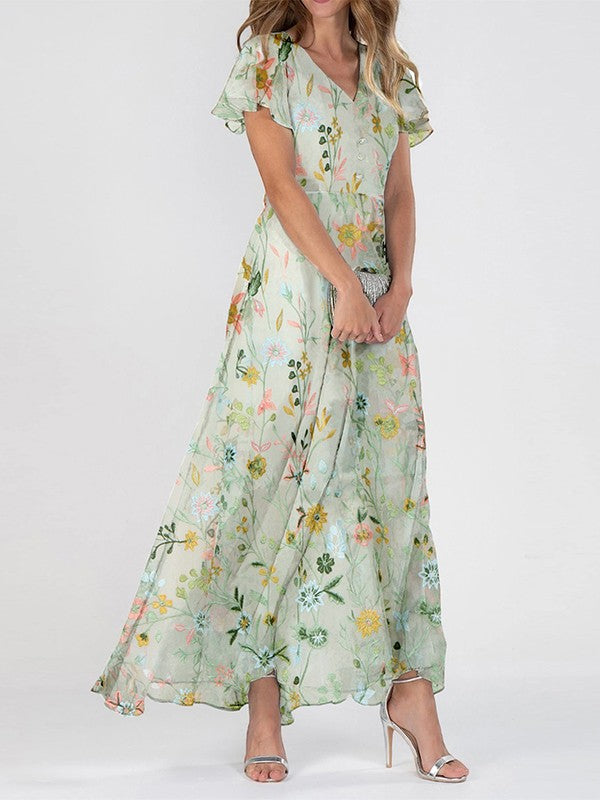 Rosalina - Dames Zomer Bloemen Maxi Jurk Met V Hals