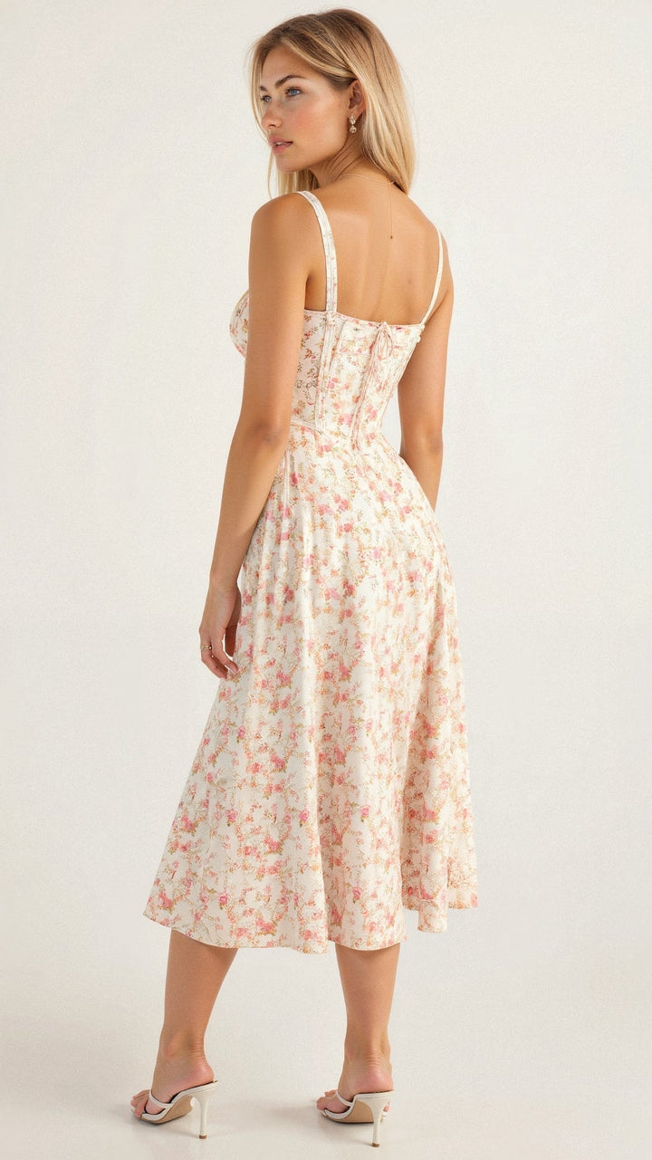 Callie – Bloemen Chic Corset Midi Jurk