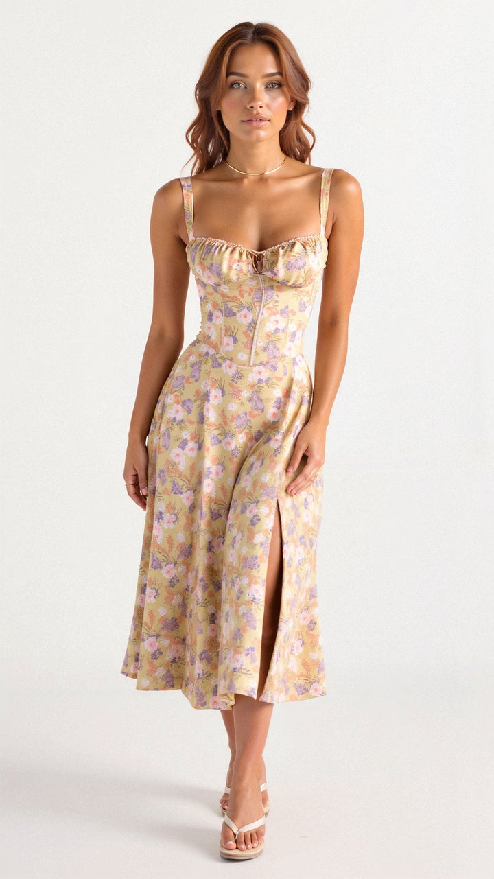 Callie – Bloemen Chic Corset Midi Jurk