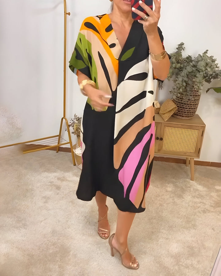 Almira - Dames Zomerjurk Abstracte Print V-Hals Midi