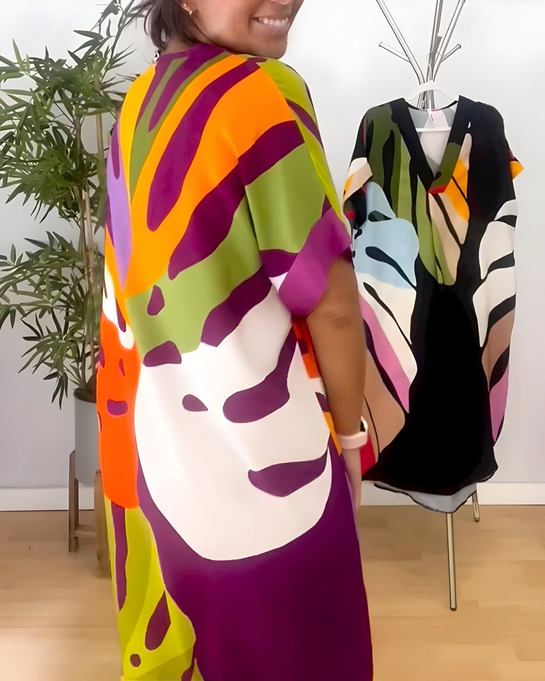 Almira - Dames Zomerjurk Abstracte Print V-Hals Midi