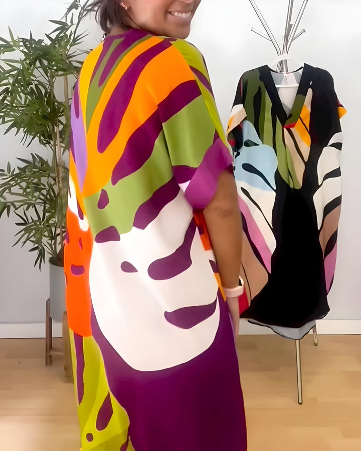 Almira - Dames Zomerjurk Abstracte Print V-Hals Midi