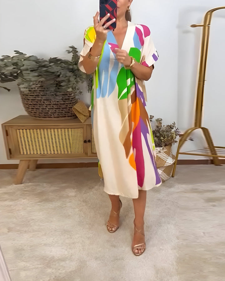 Almira - Dames Zomerjurk Abstracte Print V-Hals Midi