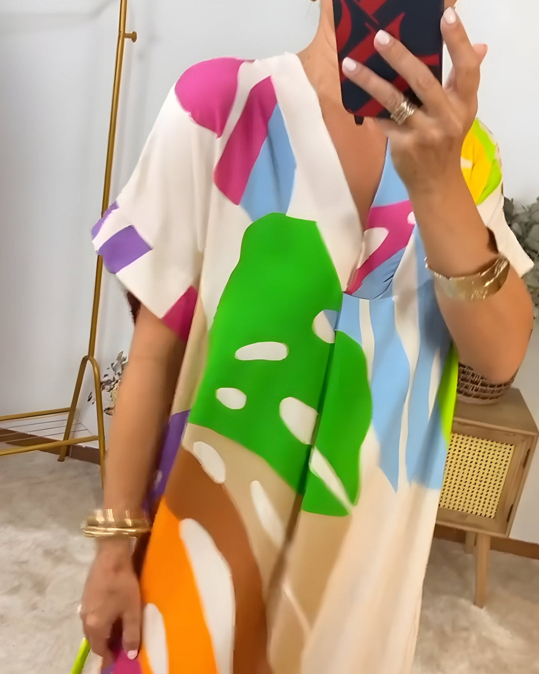 Almira - Dames Zomerjurk Abstracte Print V-Hals Midi
