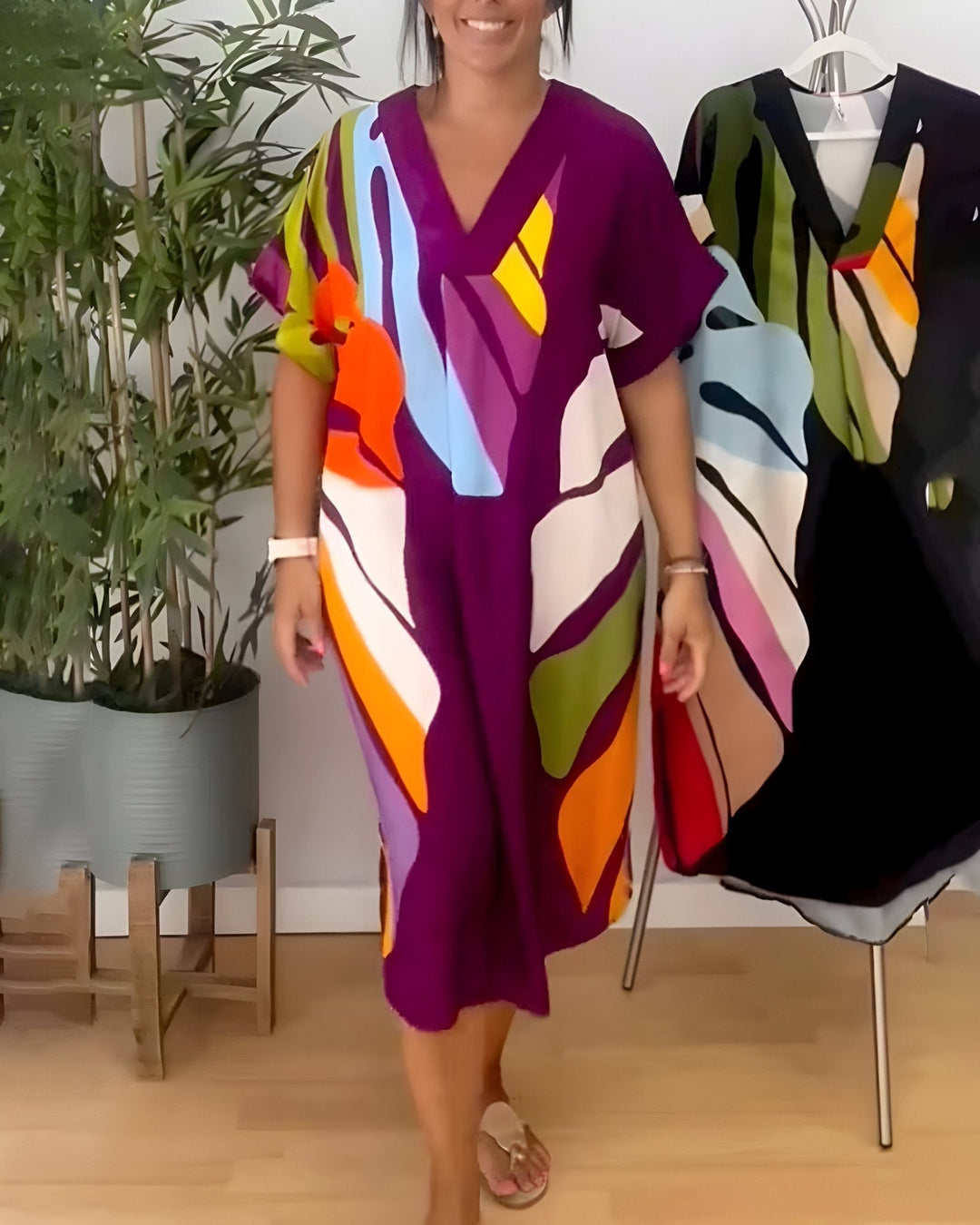 Almira - Dames Zomerjurk Abstracte Print V-Hals Midi