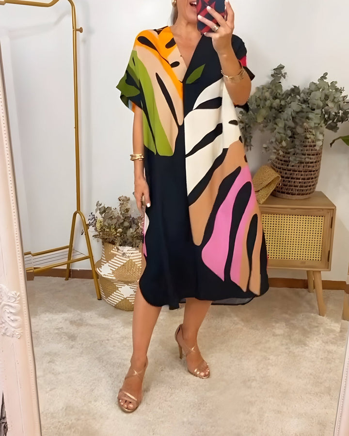 Almira - Dames Zomerjurk Abstracte Print V-Hals Midi