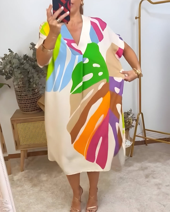 Almira - Dames Zomerjurk Abstracte Print V-Hals Midi