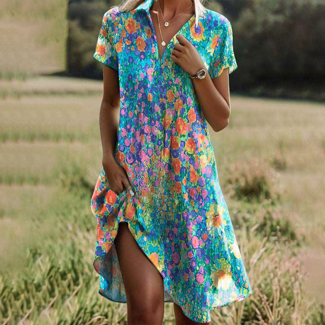 Loredana - Dames Zomerjurk met Bloemenprint en Korte Mouwen