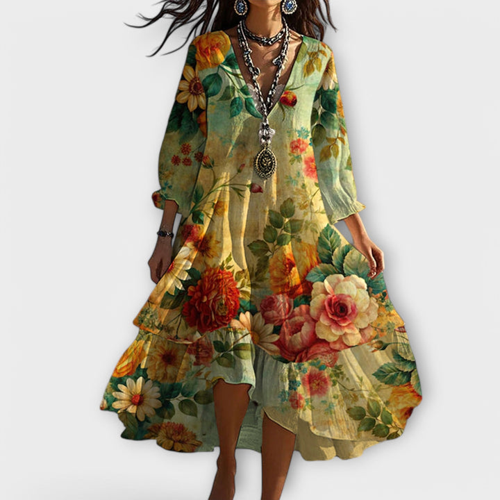 Mirabella - Dames Boho Jurk Bloemen V-Hals 3/4 Mouw