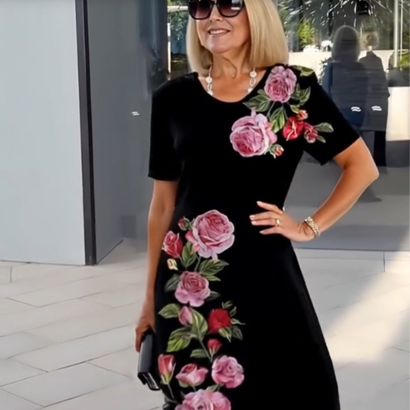 Almeria - Dames Jurk Bloemen Ronde Hals