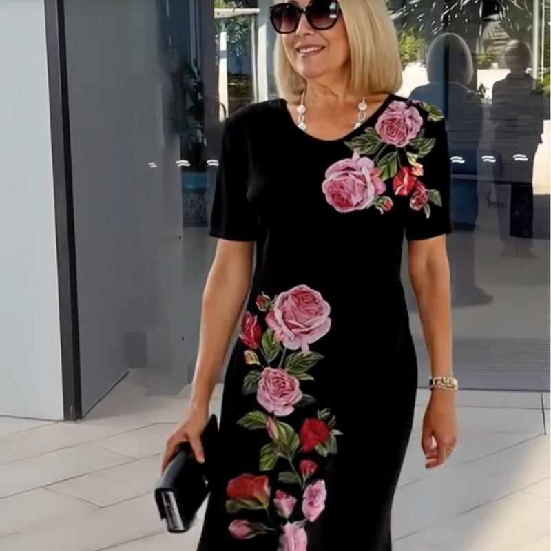 Almeria - Dames Jurk Bloemen Ronde Hals